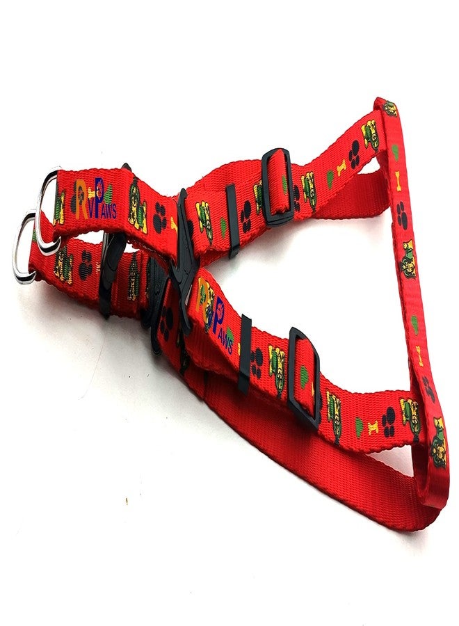 Pups&Pets 15 MM Soft Nylon Adjustable Bone Paw Printed Colourful Puppy Nylon Harness Set with Metal Hook Leash (Red) - Image 3